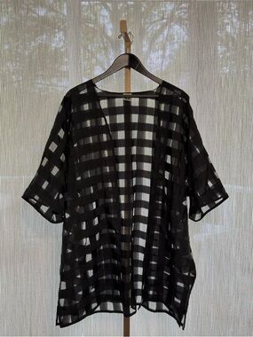 Anne Klein Sheer Kimono-Style Top | Black Check | L/XL | Relaxed Oversized